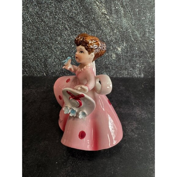 Vintage Lefton "May" Girl Porcelain Figurine 4.5"x4" Pink Dress With Hat & Blueb - Picture 5 of 8